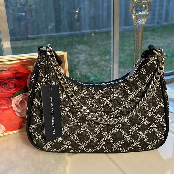 NWT French Connection Halina Monogram Crescent shoulder bag crossbody in black - Picture 4 of 5